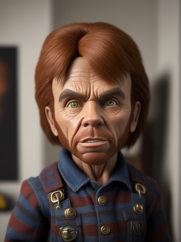 Chuck Norris as an evil Chucky doll, bright and saturated colors, highly detailed, fashion magazine, sharp focus, Dramatic Lighting