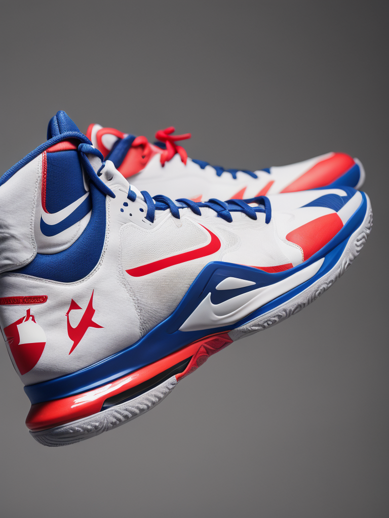 Nike basketball shoes philippine flag colorway, bright and saturated colors, highly detailed, sharp focus, Dramatic Lighting, Depth of field, Incredibly high detailed, blurred background