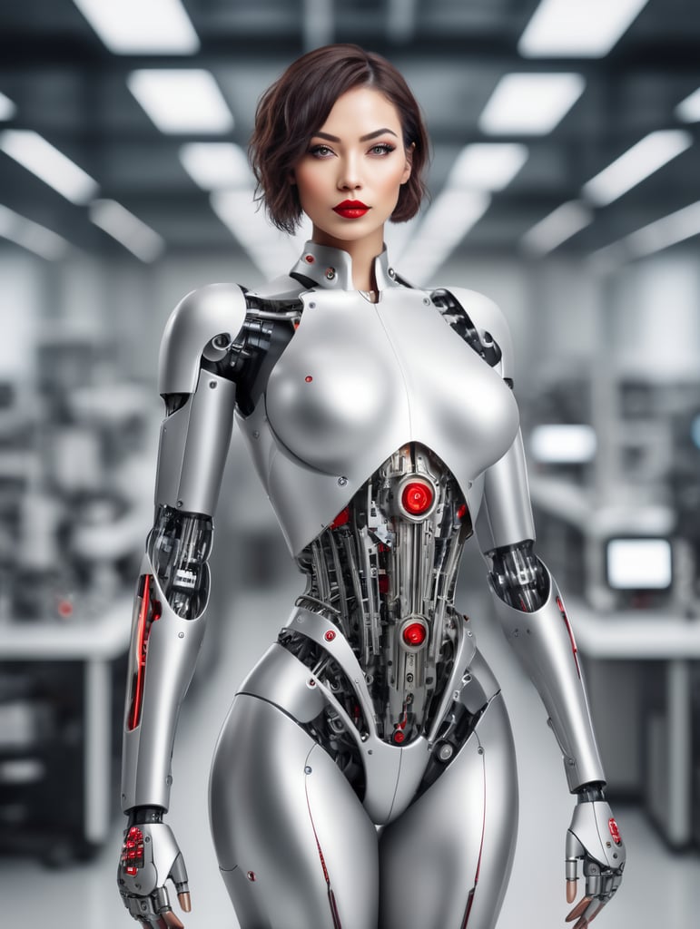 A photo of a slender female cyborg scientist with red lips, engrossed in her laboratory, ready to push the boundaries of knowledge, with a blend of wide hips and a skinny frame, while flirting with the camera. (robot:1.3), blurry, reflective metal, from above, short hair, science laboratory, computers, test tubes, from above