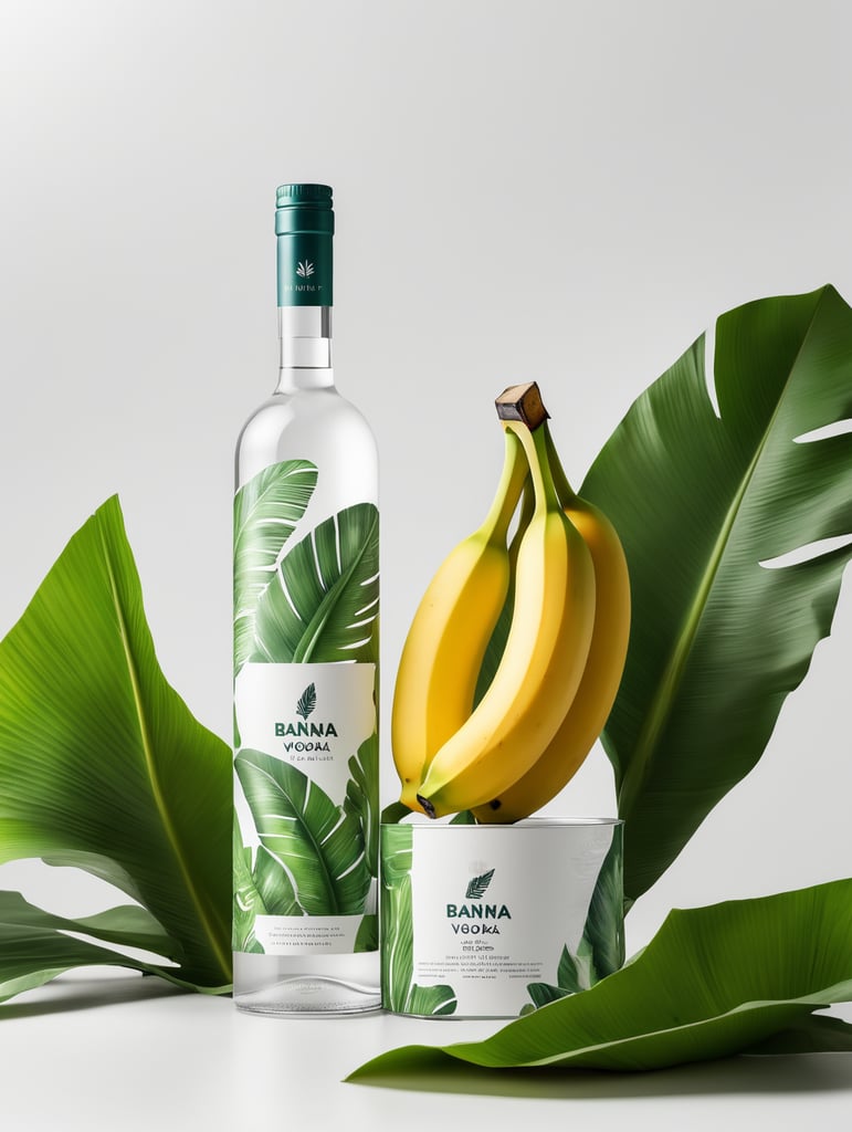 Packaging and branding for a banana vodka brand as if it had been designed by HI ESTUDIO with In a set design with banana, and banana leaves.