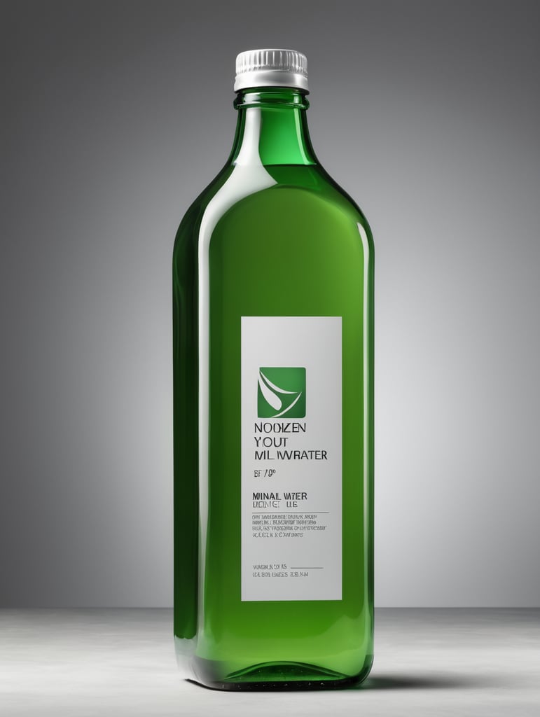square Green glass bottle with mineral water mockup, no label, isolated, grey background