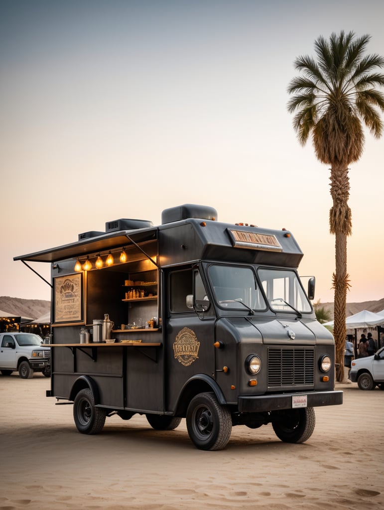 Side view of a small dark grey vintage mexican food truck in the middleof a desert, soft light, muted colors, A summer festival in the far away in the background