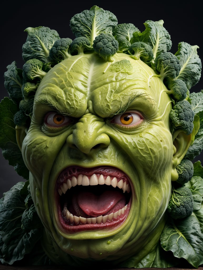 anthropomorphic evil cabbage with a huge head screams loudly, comic style, high resolution, hyperdetalization, photorealistic, high resolution