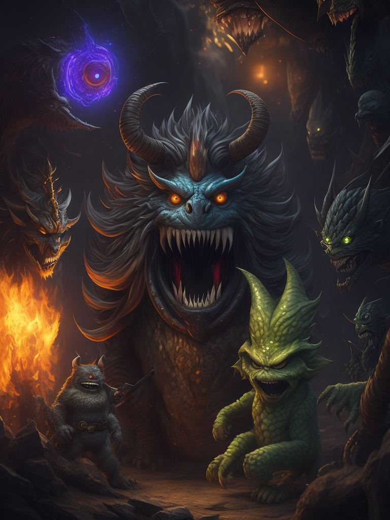 Many monsters, doodle art style, colorful, funny