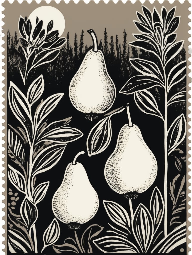 Black and white linocut postage stamp pear garden thick bold dark lines