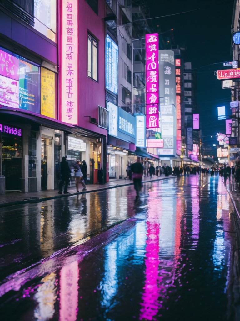 Little Tokyo street at night in neon light, neon advertising, purple-pink-blue tones, puddles on the road, incredible details, sharp focus