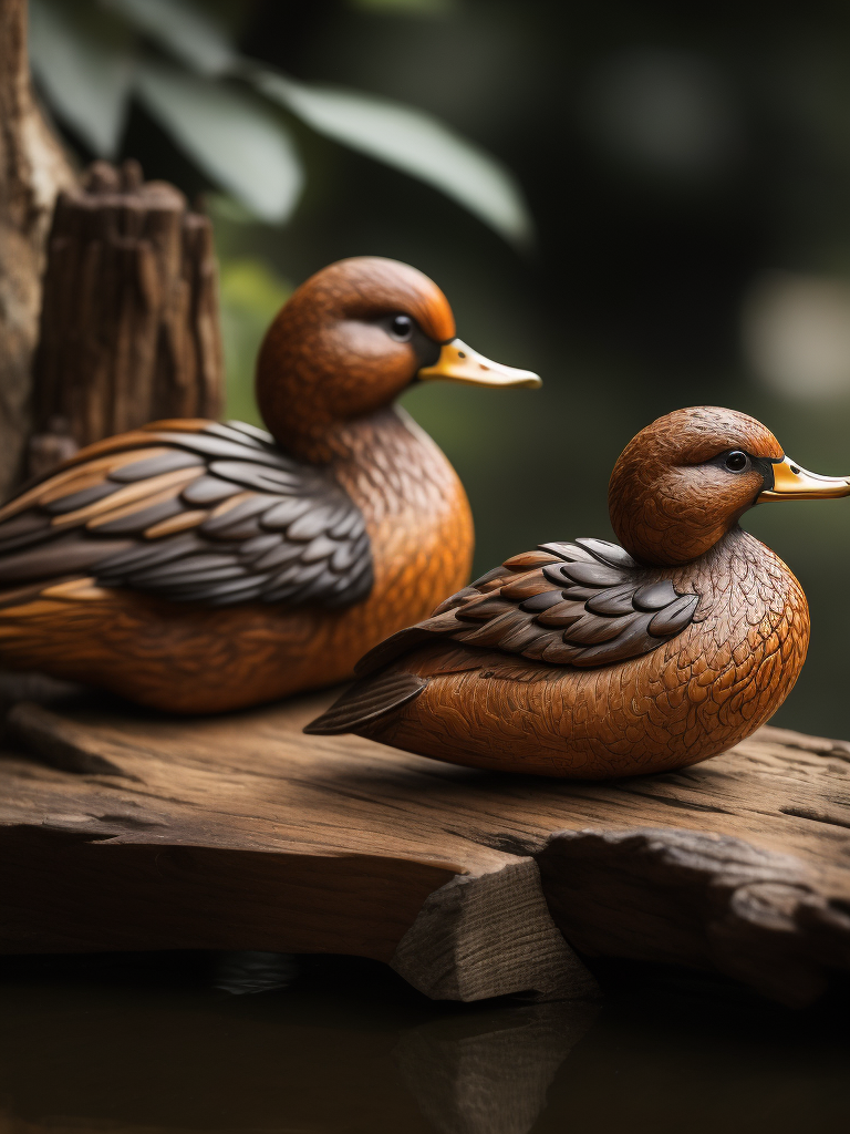 a deep carved wooden duck, sharp on details