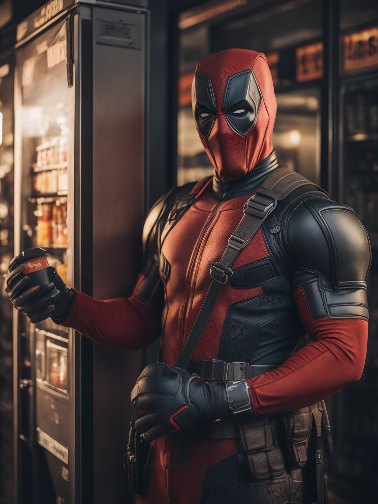 chubby deadpool eating á snack from vending machine