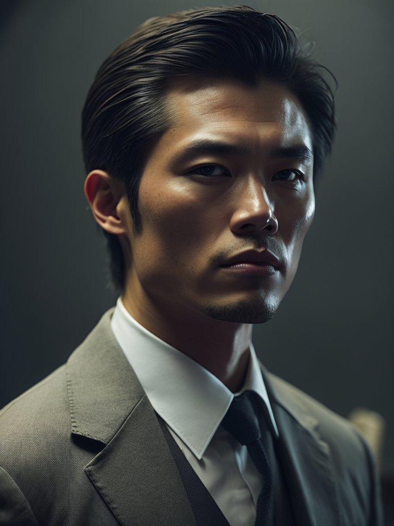 Portrait of a Chinese mafia boss in formal suit, scar on a face