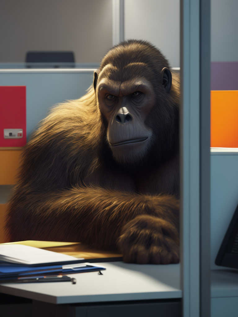 bigfoot in a cubicle working at an office job , hyper-realistic, hyper-sharp, hyper-colorful, hyper-vivid