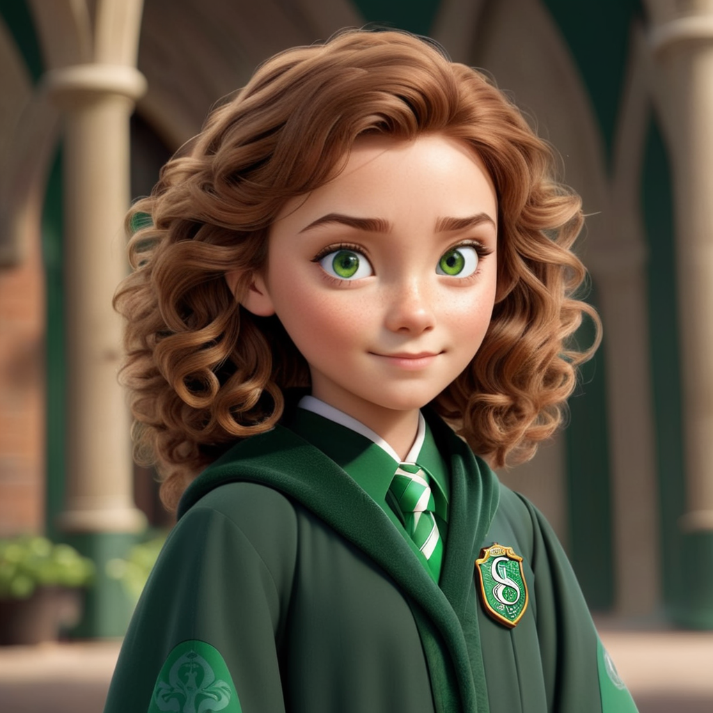 a girl with green eyes, freckles and brown curly hair dressed in slytherin hogwarts robes