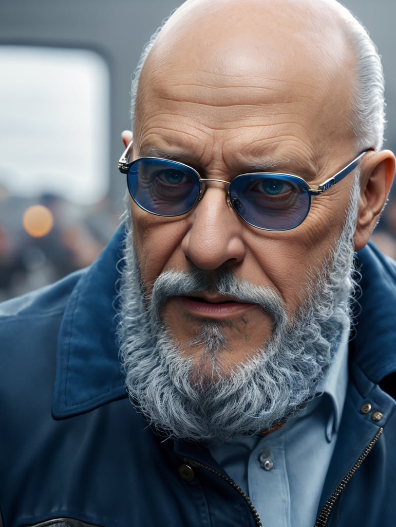 An old bald man with a gray beard, wearing a blue jacket and Moscot glasses