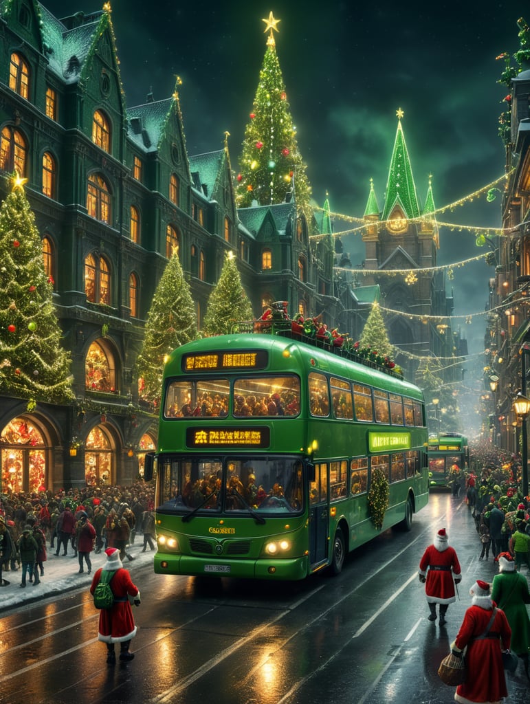 Premium Free ai Images | christmass city with santa raindeer green bus ...