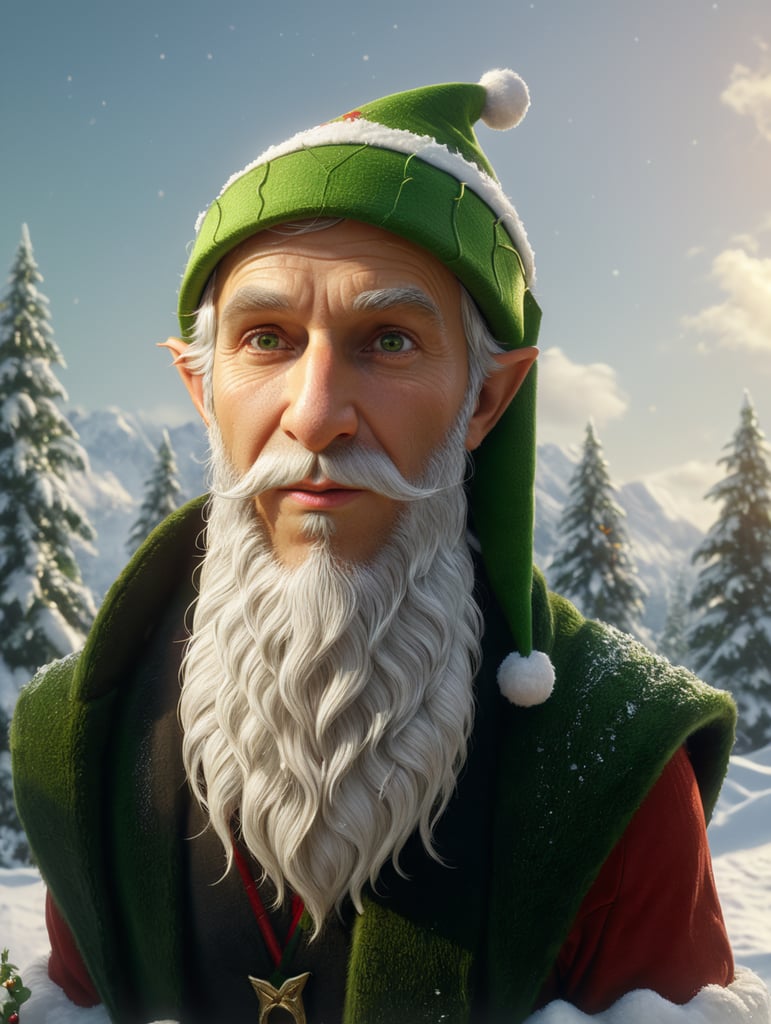 Christmas elf, cartoon style, green christmas hat with snow in background, warm light