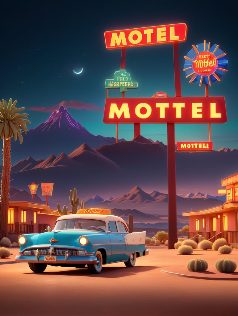 Motel located near the highway with a large neon sign, night, bright colors, contrasting shadows, deep dark atmosphere, tumbleweed, desert and mountains on the horizon, incredible details, sharp focus