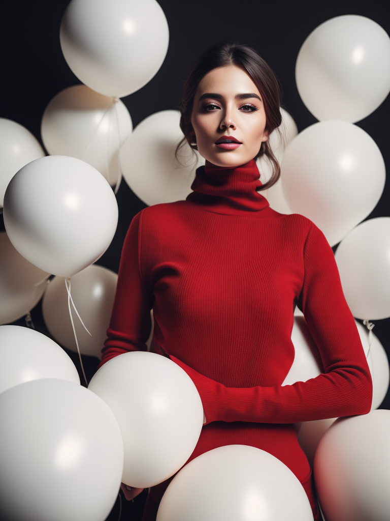 a cinematic fashion portrait photo of beautiful young woman from the 60s wearing a red turtleneck standing in the middle of a ton of white balloons, dramatic lighting, taken on a hasselblad medium format camera