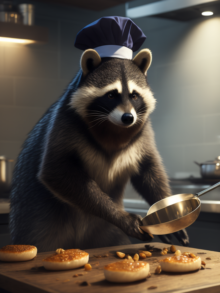 A chef racoon cooking scallops, wearing a chef hat, in a kitchen, professional
