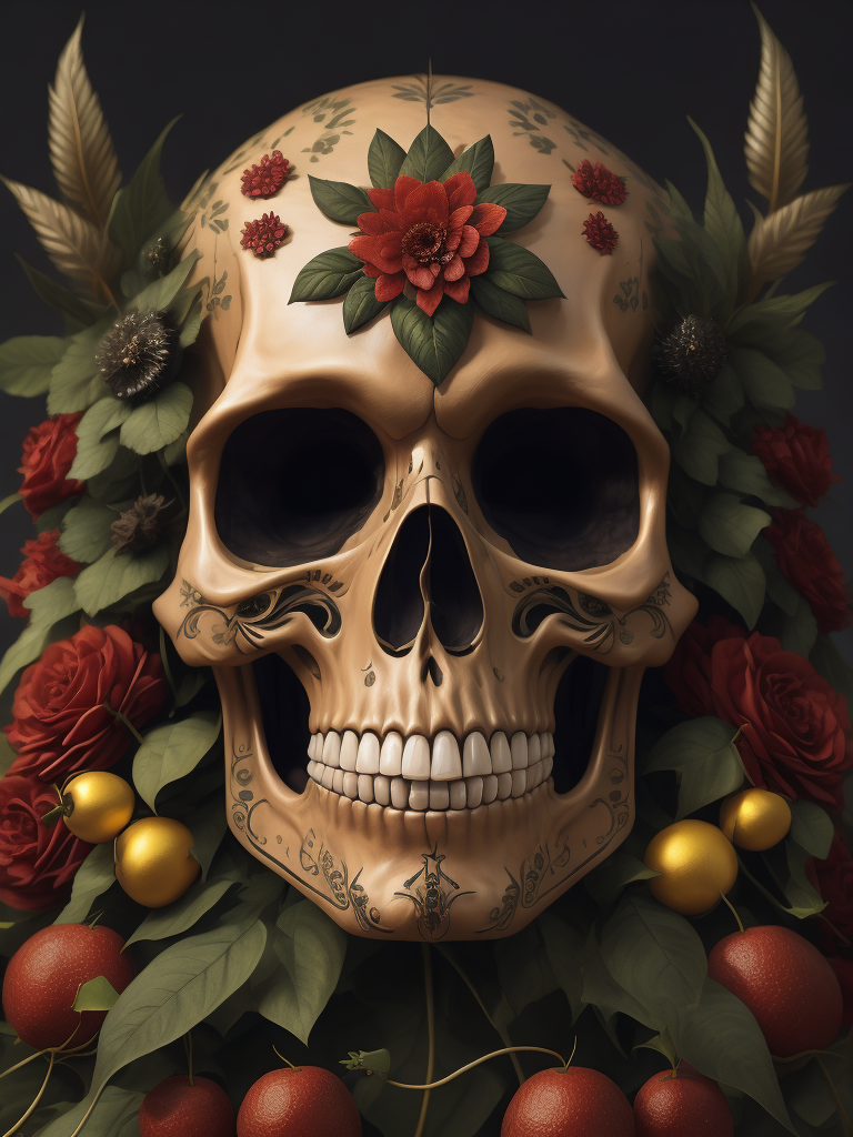 Mexican skull calavera, surrounded by poetic ornamental elements such as fruits, flowers, garlands of lights and native plants, colors pink, green, gold and black, 3d style, painting art, highly detailed, surrealist