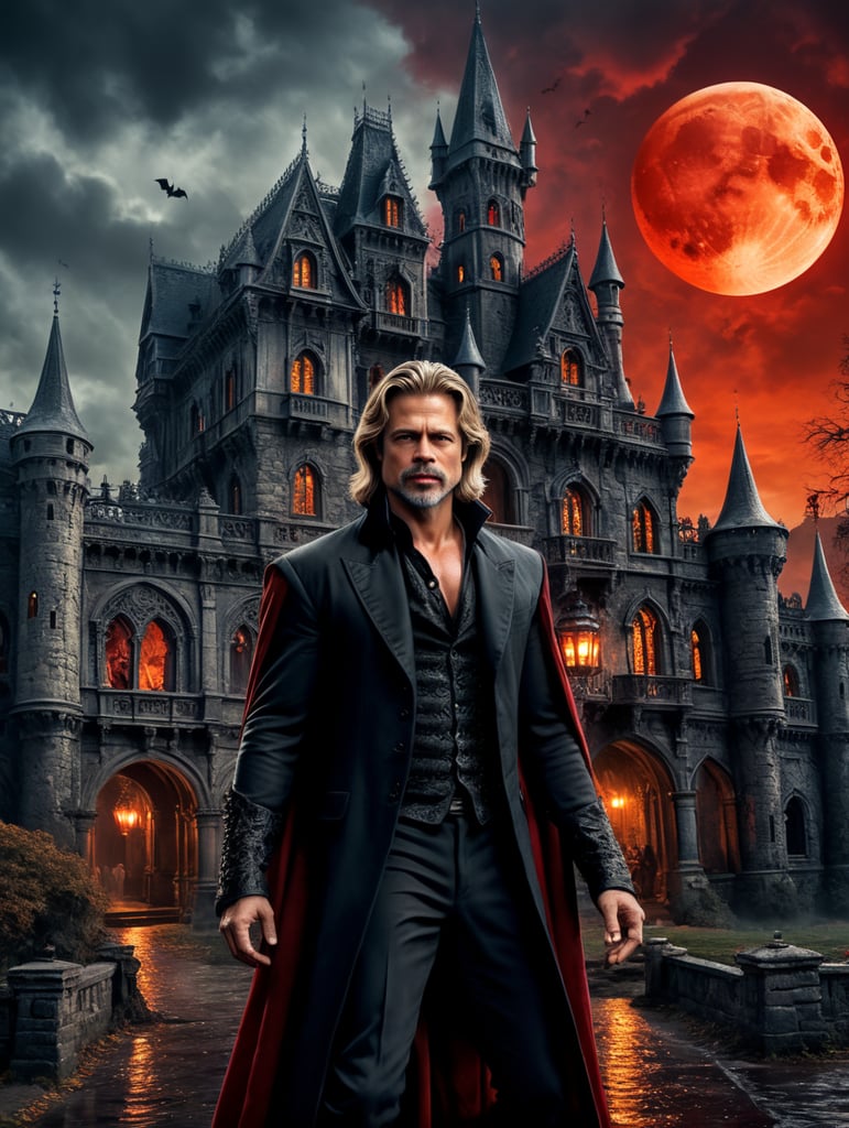 By Anne Rice and Francis Ford Coppola, envision Brad Pitt as a Vampire Lord, reigning over a haunted castle amidst a blood moon on Halloween night, eerie, gothic, Halloween, cinematic photography, action shoot, movement, epic, high definition