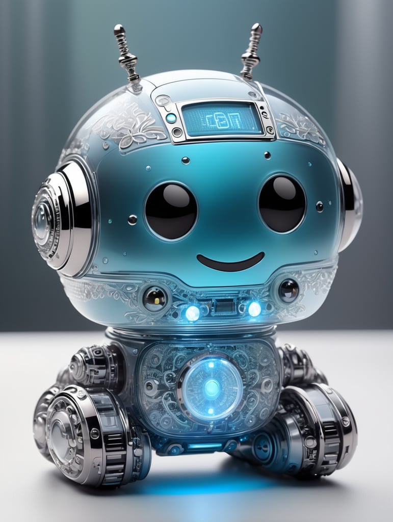 Cute aesthetic, a (tiny cute translucent polycarbonate robot) with an led screen face, emoticon, stunning render, intricate details