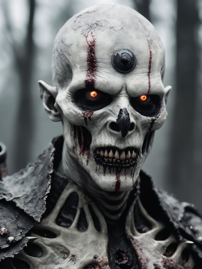 Ghoul with pale rotten skin and black bloodshot eyes