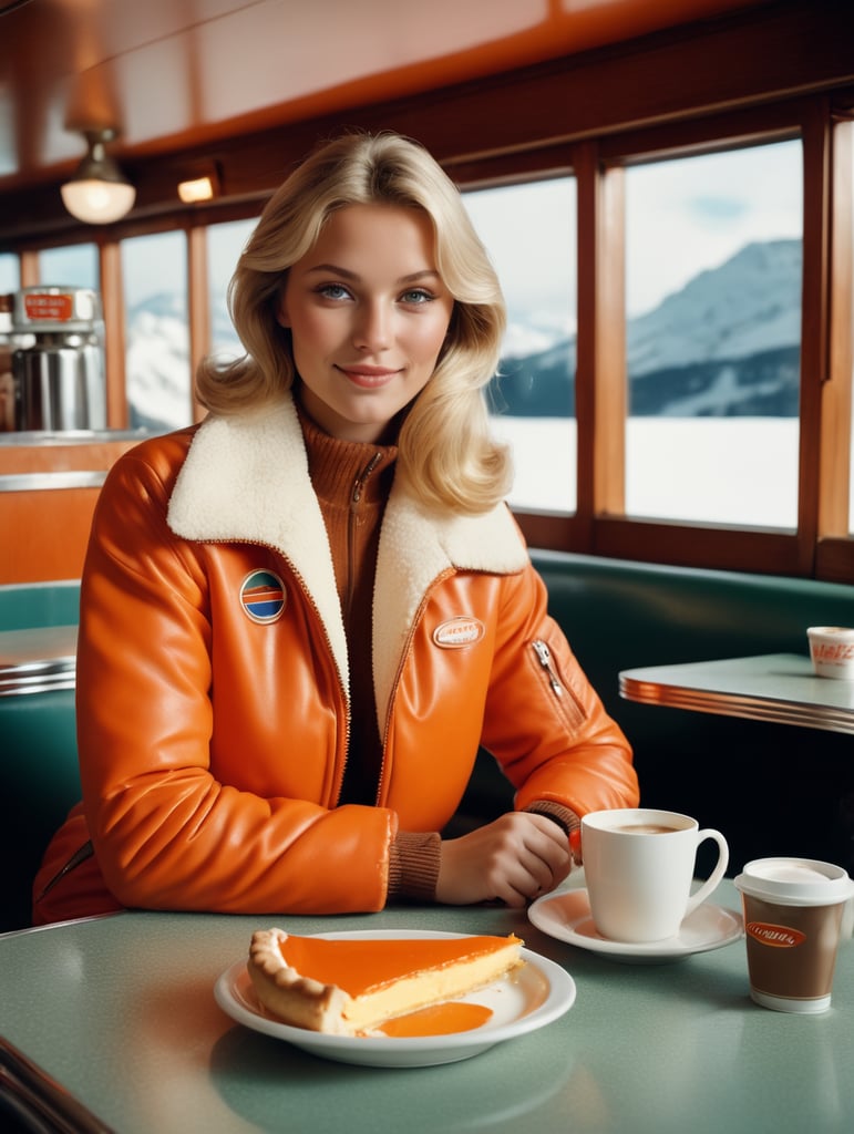 A beautiful Dutch girl girl in a 70’s mountain top diner. A slice of hot pie with cream and a coffee on the table she is sat at. She is wearing an orange ski jacket. Reportage shot. Canon with Kodak film. Telephoto