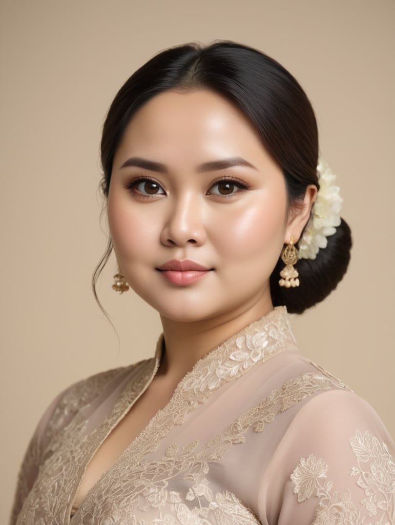 An Indonesian woman is slightly fat, chubby cheeks, flat nose, Slightly oval face shape,wearing a kebaya,No make up, white skin