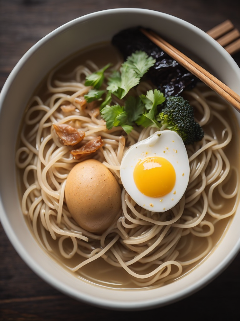 ultra detailed japanese ramen, chopsticks, egg, steam