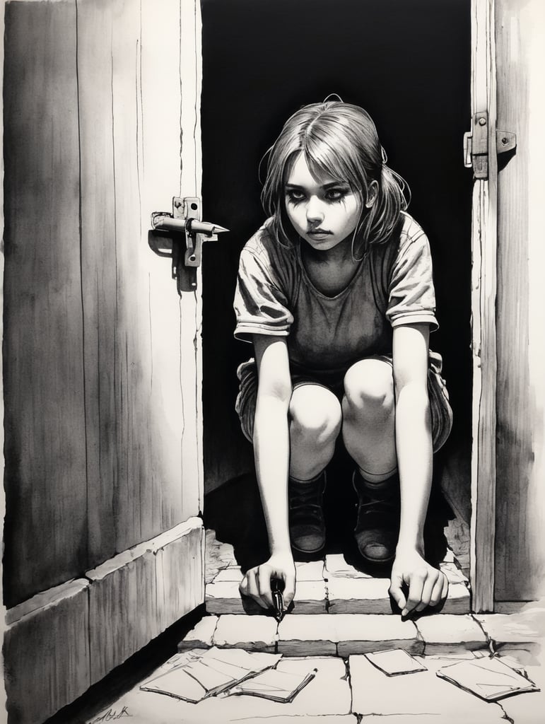 Ink pen sketch of a girl locked in a basement.