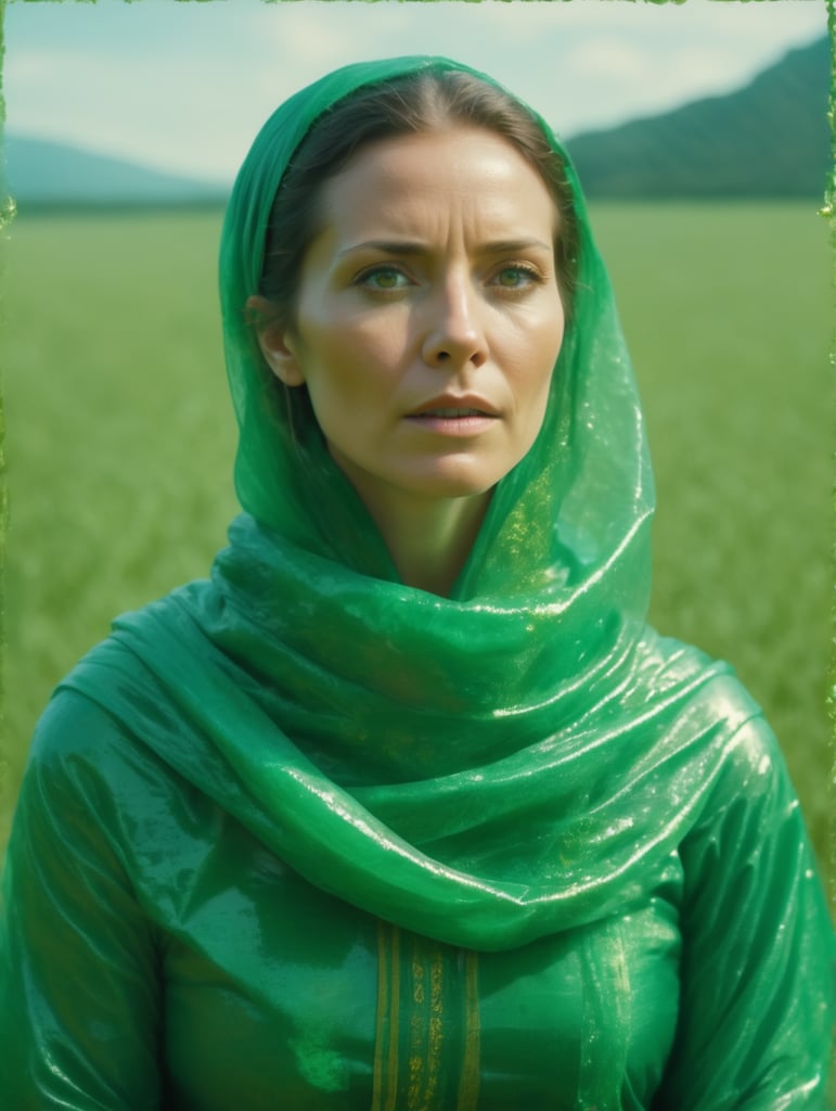 Portrait of a woman experiencing spiritual experience, wrapped green film, Wes Anderson style