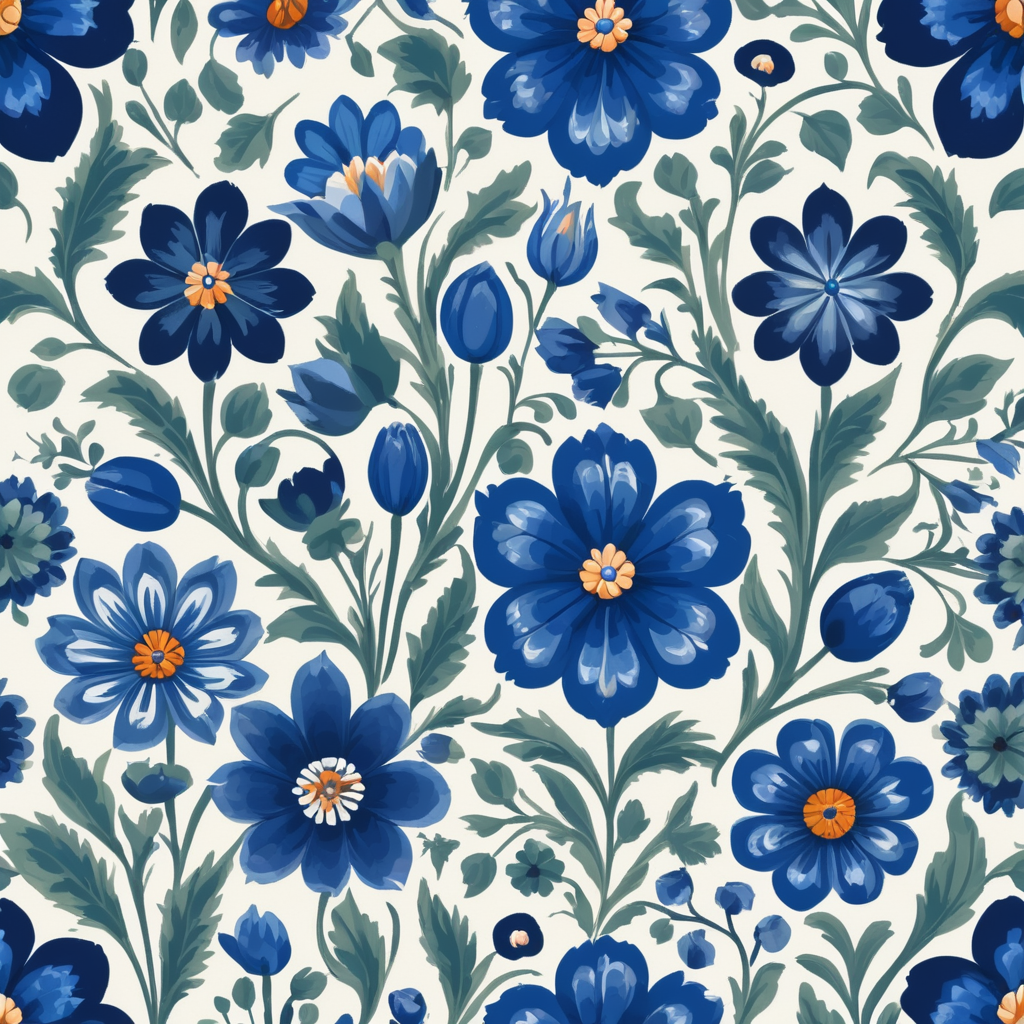 Seamless pattern beautiful floral pattern with blue flowers in the background, in the style of polish folklore motifs, juliana nan, mexican folklore - inspired, tivadar csontváry kosztka, clara peeters, texture exploration, blue color scheme, blue pallete, amoled, 264k render HD