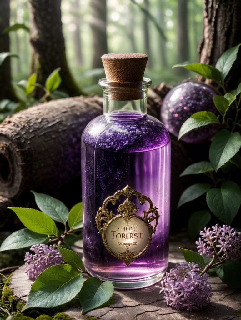 magic lilac bottle with a potion, a potion that gives health, game artifact, close-up, around a magical forest