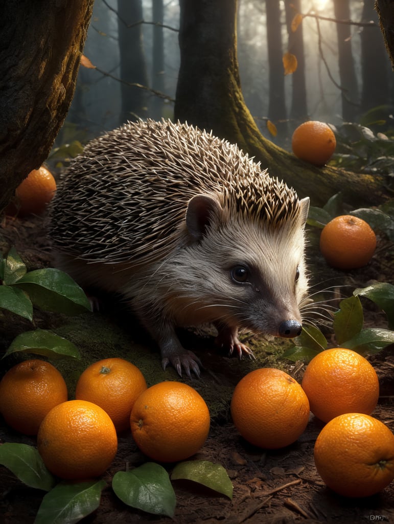 Hedgehog collects oranges in the forest