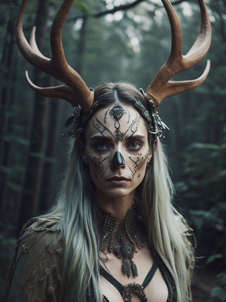 full-length portrait of a Celtic pagan druid wearing a stag skull mask, rune symbols, fantasy concept art, highly detailed