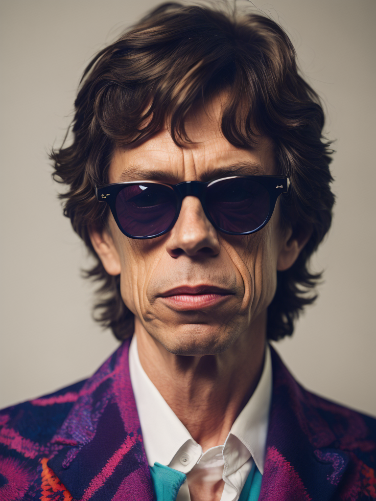 Mick Jagger wearing a brightly patterned jacket and wayfarer glasses, Vivid saturated colors, Contrast color