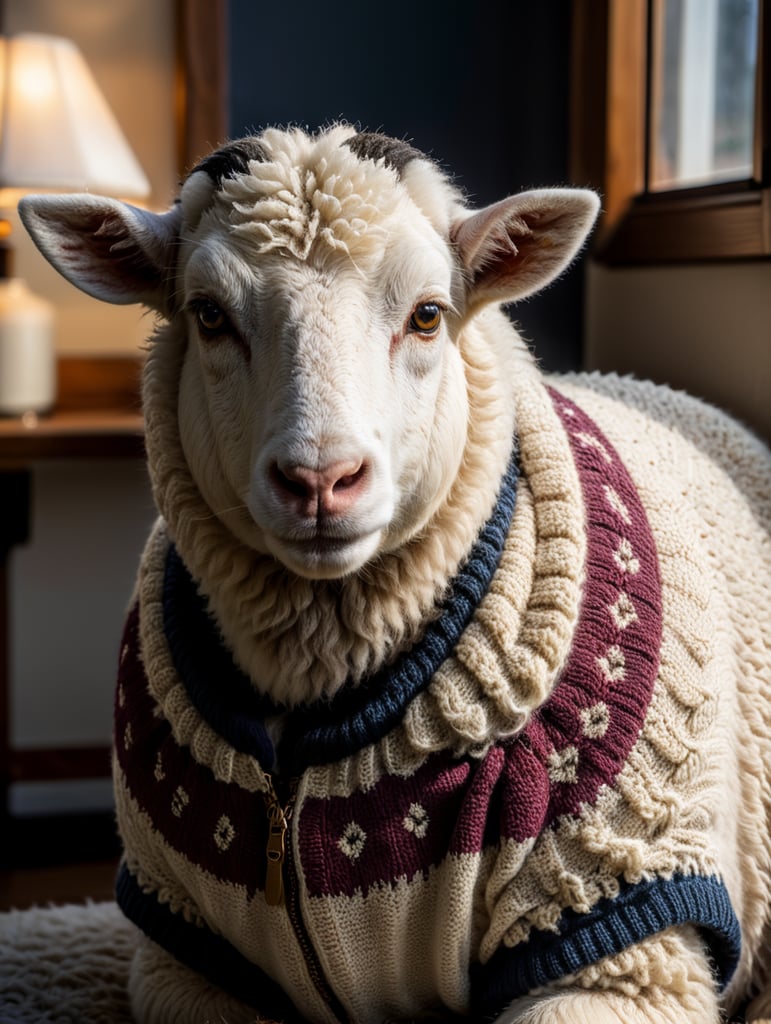 a white sheep wearing very hirsute crocheted sweaters for sheeple, portrait