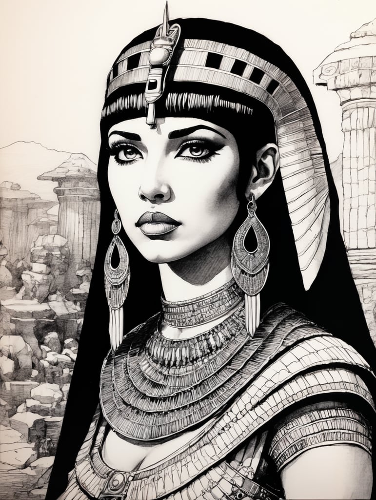 Cleopatra, Ink pen sketch, low light, low detail,