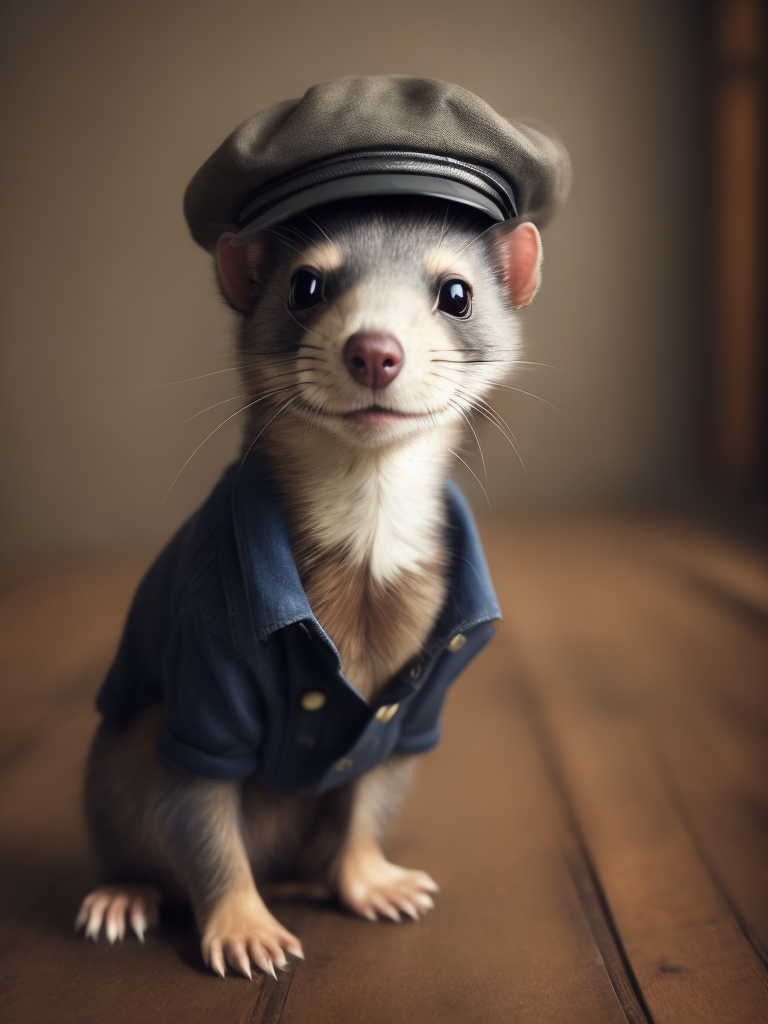 A charming photo of a small anthropomorphic ferret. He is wearing a newsboy cap and has a very long torso masterpiece, ultra-quality, hyperrealistic, RAW photo, highly detailed, 4k, medium shot, cinematic photography, natural texture, action shot, XF IQ4, 150MP, 50mm, ISO 1000, 1 250s, natural light