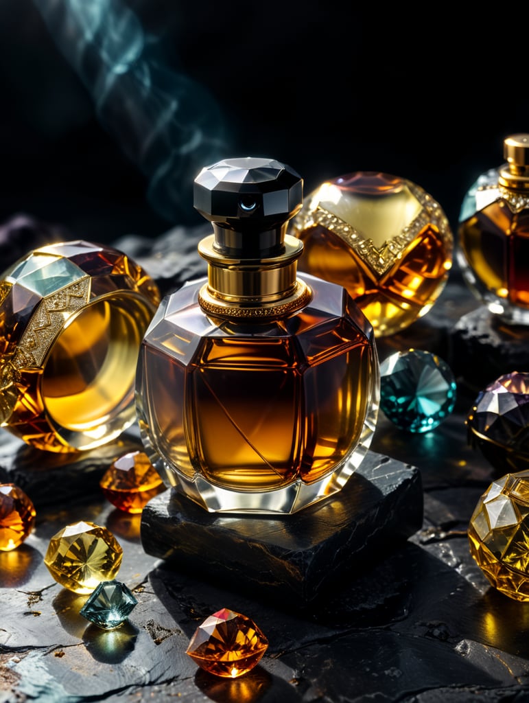 professional photography of a luxury perfume, surrounding an amber gems, yellow satin scarf background, no label, clear, mockup