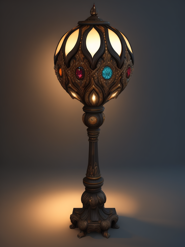 wooden floor lamp, carved black wood, decorated with gems