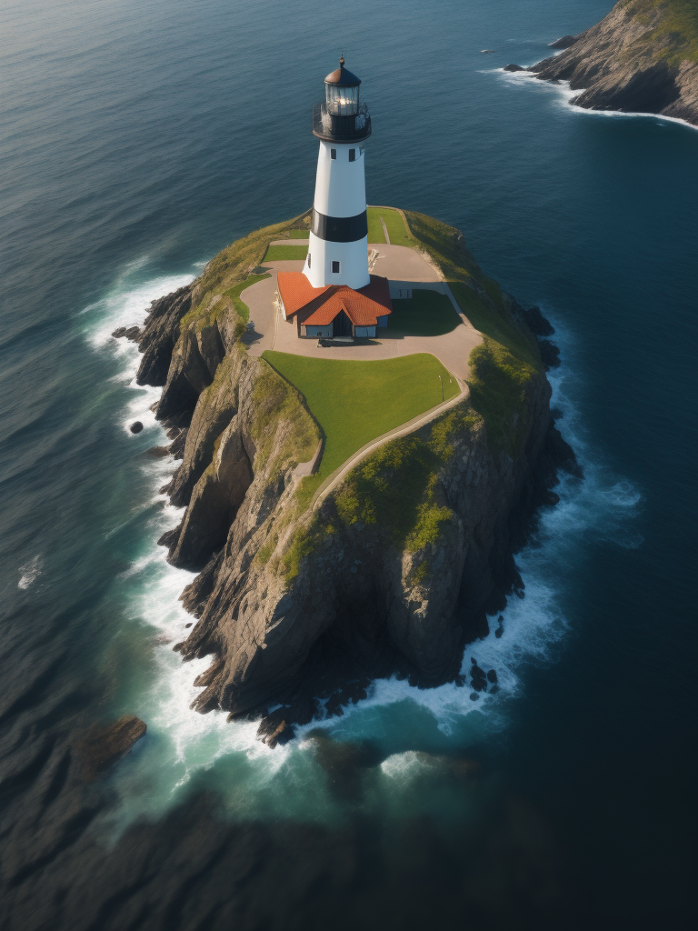 Drone photography, aerial view, Lighthouse island, Hyperdetailed, Beautiful landscape, Rocky cliffs, grass, Surreal, ocean, Coastal, Natural lighting, shadows, Chiaroscuro, waterfall, Hdr, 8k, wallpaper, Ivan Shishkin, Dustin Lefevre, intricate detail, Photorealistic