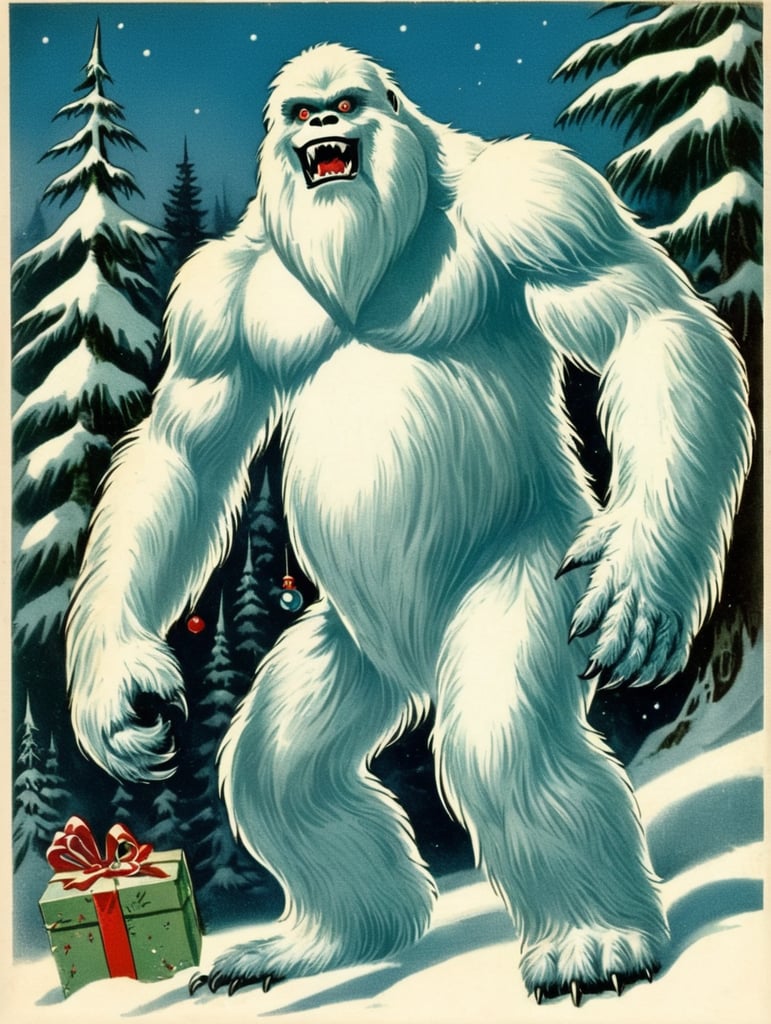 Yeti, Abominable Snowman, vintage Christmas postcard illustration