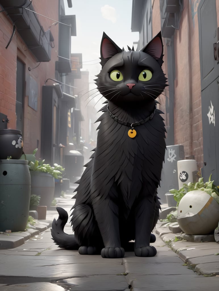 black punk cat, frank miller style, in the alley
