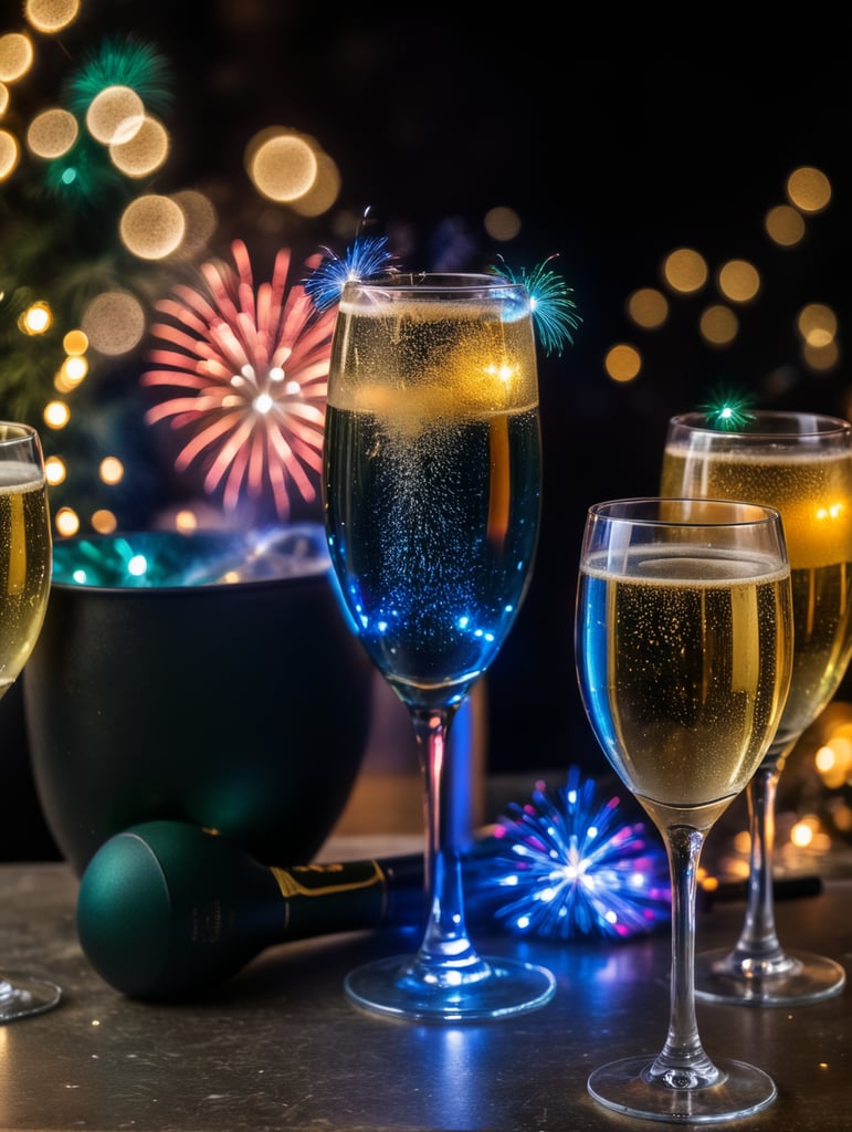 Happy New Years, champagne, fireworks, champagne glasses,