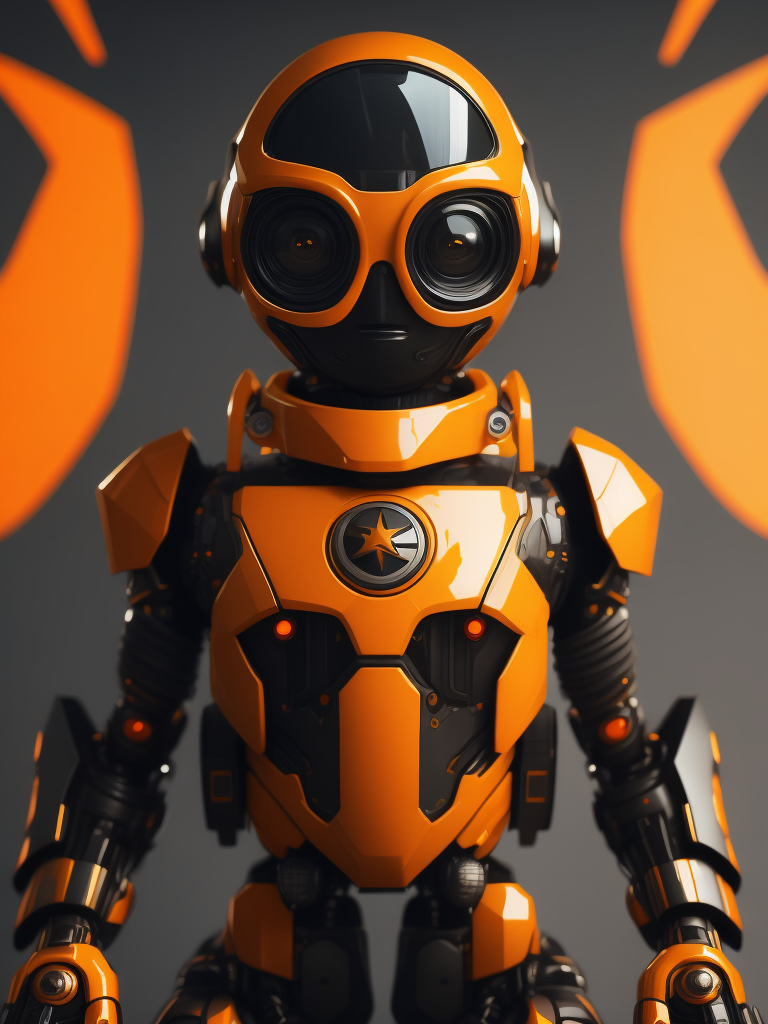 Orange and black AI robot, short and cute, simple 3d model, wearing jacket and glasses