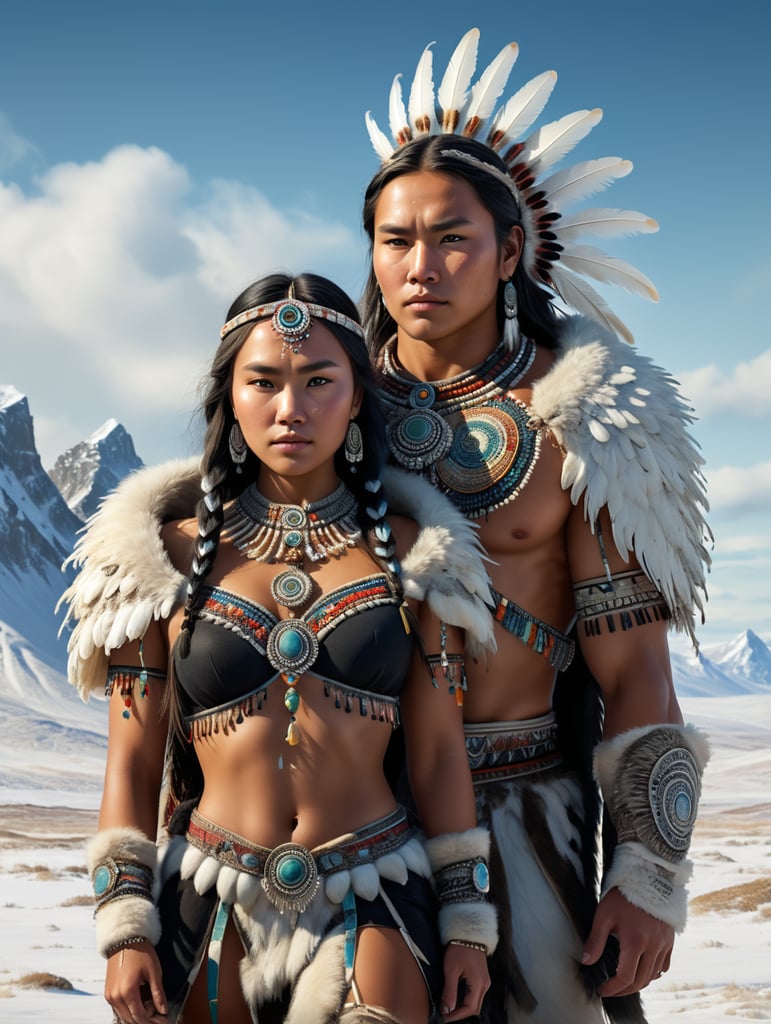 Generate a captivating full-body illustration of a stunning 18-year-old inuit woman dressed in exquisite stone age clothing, embellished with intricate feathers, vibrant beads, and delicate shells. she stands gracefully on the stark tundra steppe, radiating beauty and strength, while beside her, her younger brother, with a somber expression, evokes a poignant and melancholic atmosphere. bring this vision to life with the artistry of tom björklund.