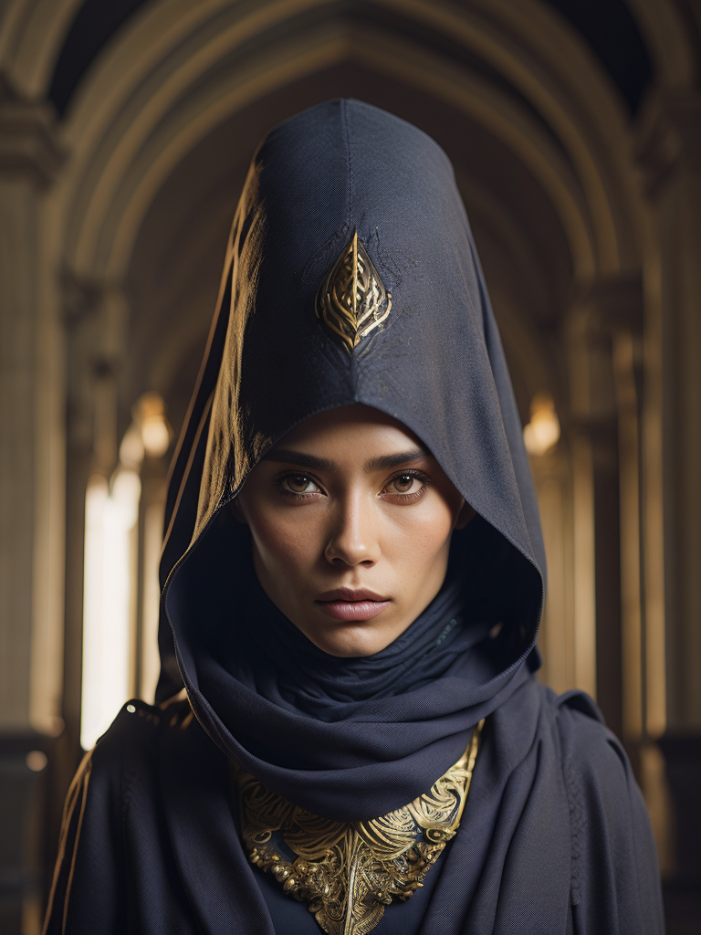 hyper-realistic, ultra-detailed photograph of indonesia white woman with arabic niqab black cloak of crow's feathers. Dark Renaissance ottoman mosque background, photo realistic, golden jewelry, dark, sunlight fractal details, depth of field, HOF, hall of fame, detailed gorgeous face, apocalyptic environment, natural body posture, professional photographer, captured with professional DSLR camera, trending on Artstation, 64k, ultra-detailed, ultra-accurate detailed, bokeh lighting, surrealism