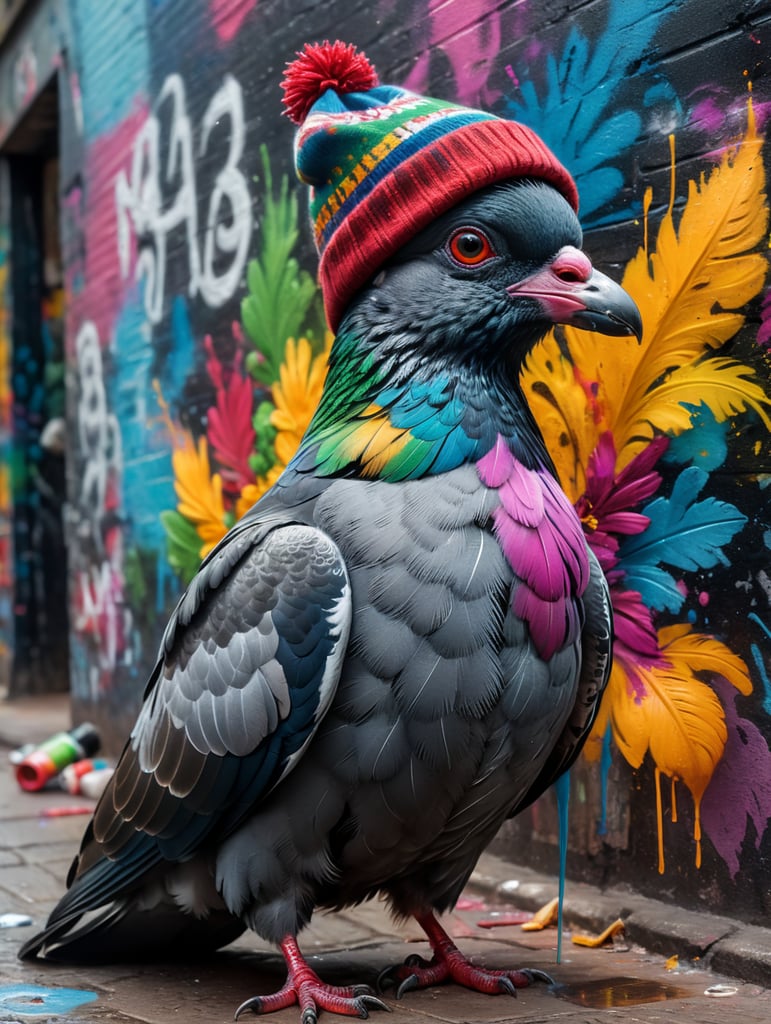 graffiti writer pigeon wearing a beannie with spraycan in in mexico city