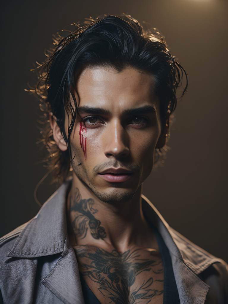 Portrait of a handsome indigenous male gang member, tattoo of a red bear on his chest, bright and saturated colors, elegant, highly detailed, vogue, fashion magazine, sharp focus, bright expressive makeup, dramatic lighting, depth of field, incredibly high detailed, blurred background