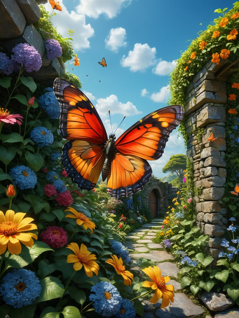 One large colourful butterfly that is close up off centre and flying side view, with 10 butterflies in the distance. In a wild, overgrown garden filled with beautiful bright flowers of many varieties, shapes and sizes. Sunshine and blue skies. Garden is surrounded by shady trees and an low old farm style stone wall. Abundance of colour.